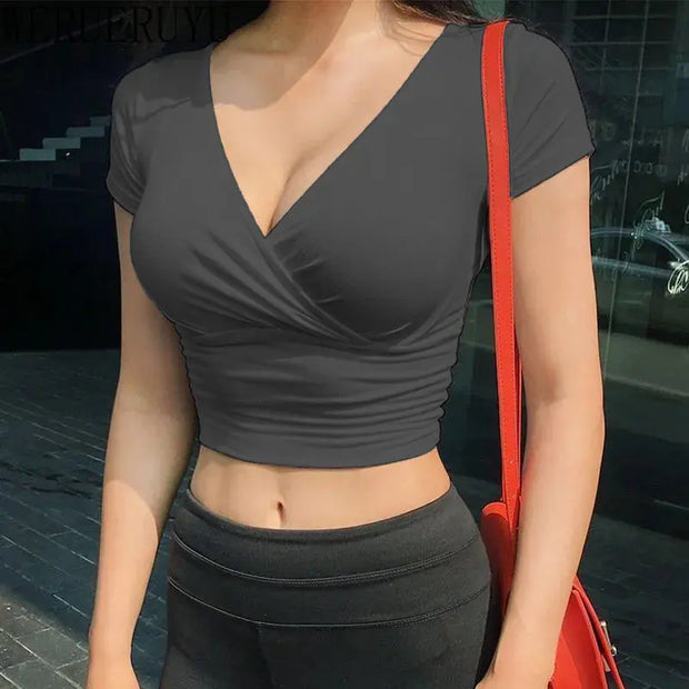 Summer Black V-Neck Crop Tee